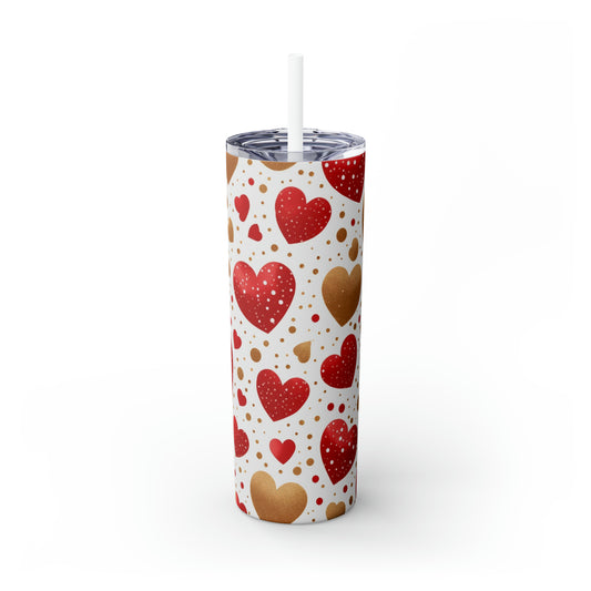 Love Hearts - Red and Gold Floating Hearts - Skinny Tumbler with Straw, 20oz - Stainless Steel