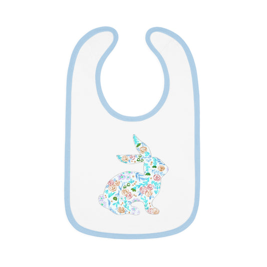 Watercolor Floral Bunny - Blue - Baby Contrast Trim Jersey Bib
