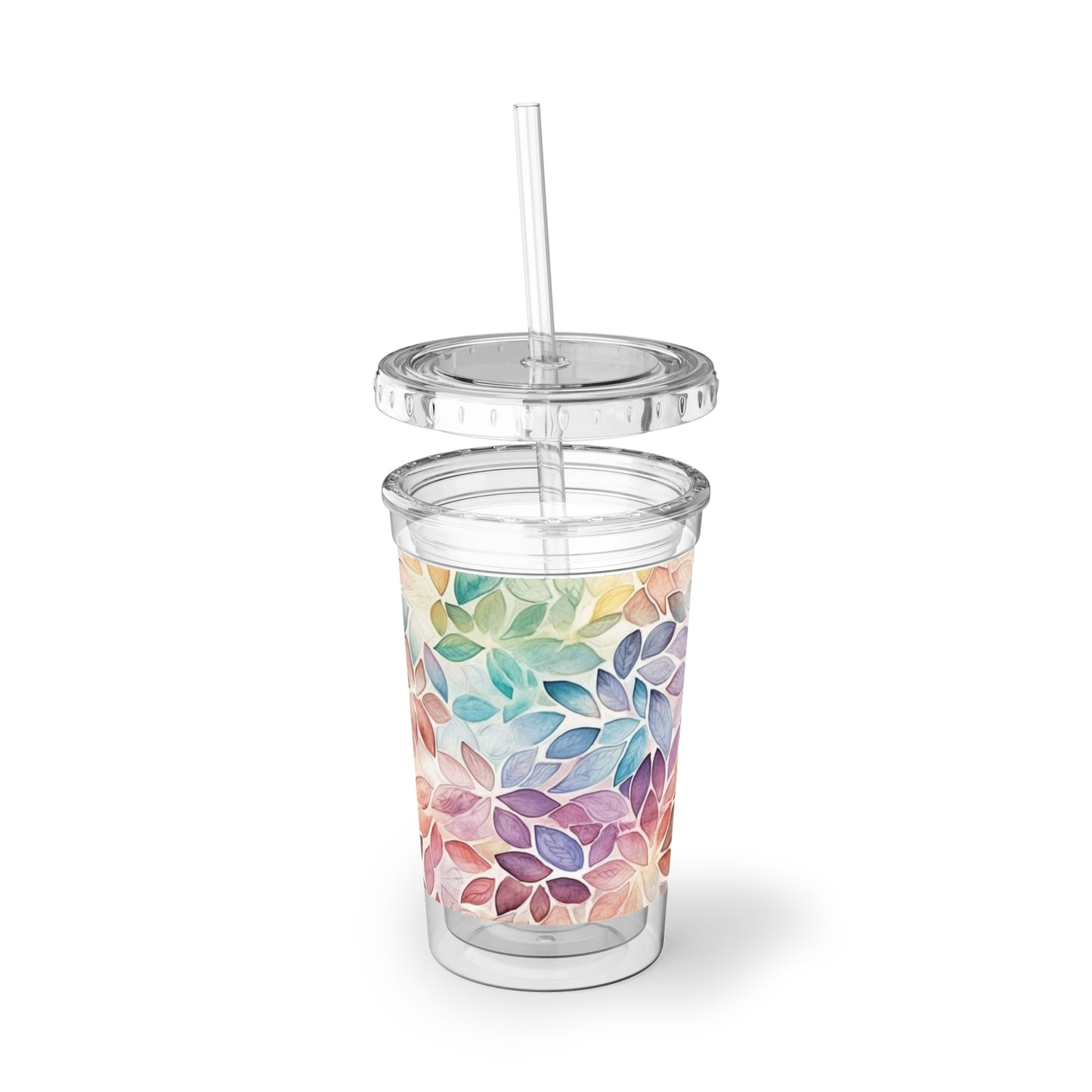 Multicolor Rainbow Watercolor Leaves - Clear - Suave Acrylic Cup - 16oz
