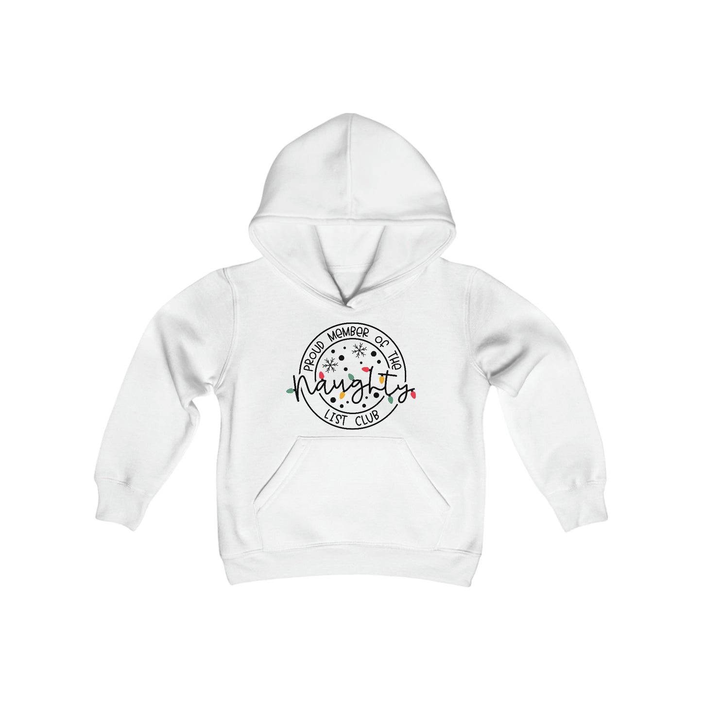 Naughty List Club - Christmas Lights - Snowflakes - Funny Christmas - Fun Winter - Cute Winter Words - Youth Heavy Blend Hooded Sweatshirt