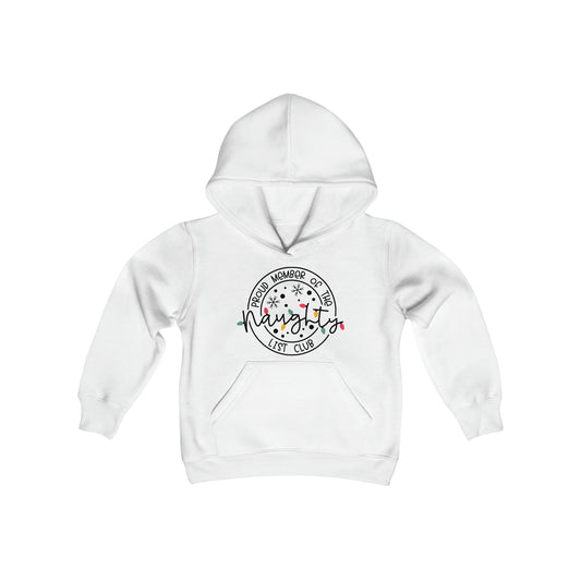 Naughty List Club - Christmas Lights - Snowflakes - Funny Christmas - Fun Winter - Cute Winter Words - Youth Heavy Blend Hooded Sweatshirt
