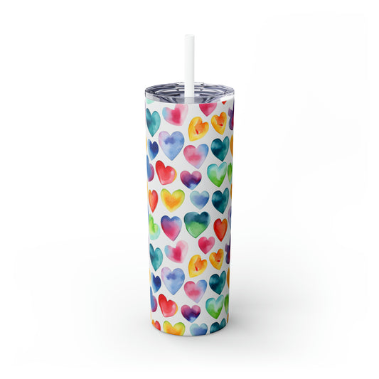 Watercolor Hearts - Rainbow - Multi - Skinny Tumbler with Straw, 20oz - Stainless Steel