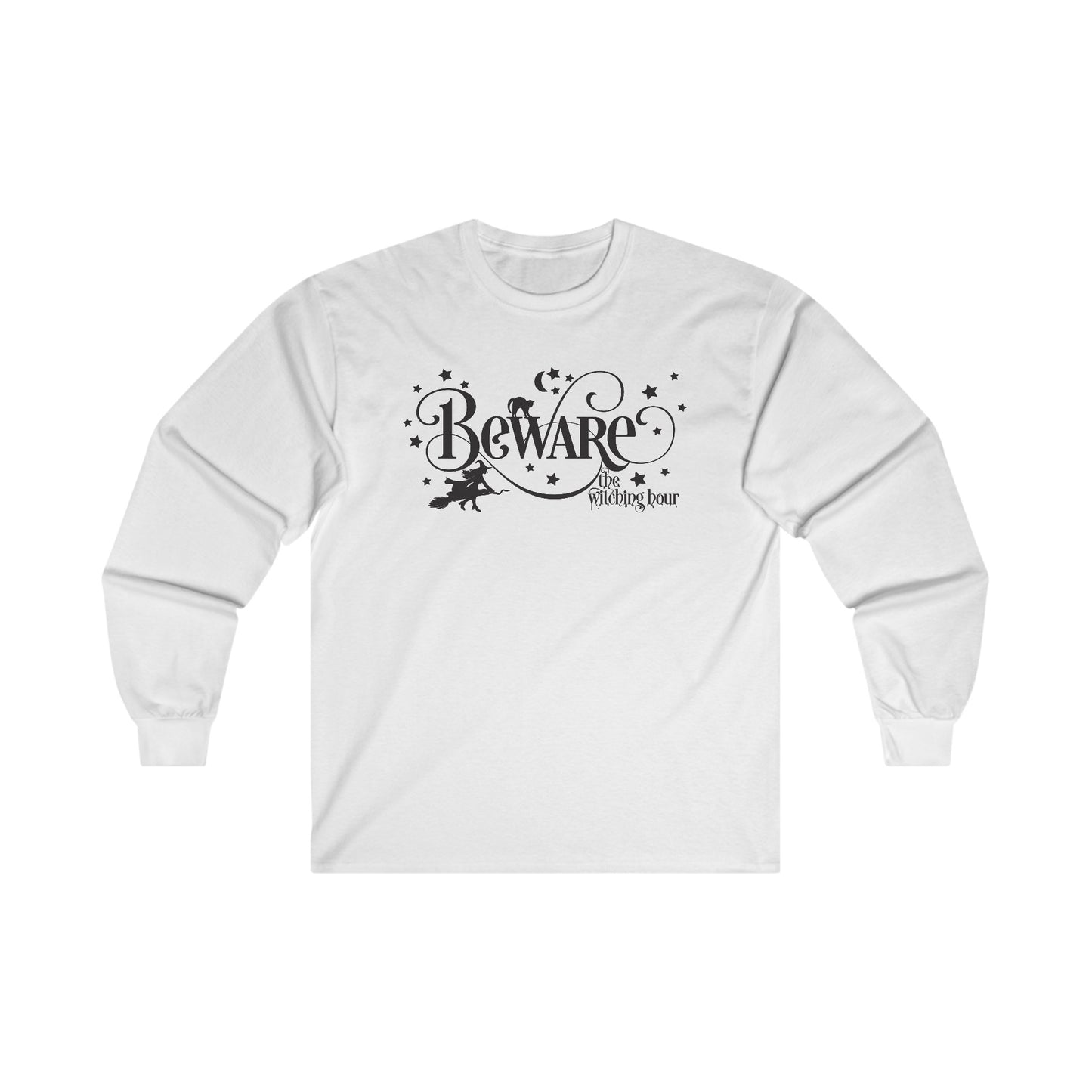 Halloween - Beware the Witching Hour - Witch - Broom - Stars - Moon - Ultra Cotton Long Sleeve Tee