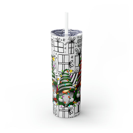 Merry Christmas Gnomes with Lights - Hand Drawn Presents - Skinny Tumbler with Straw, 20oz - Stainless Steel