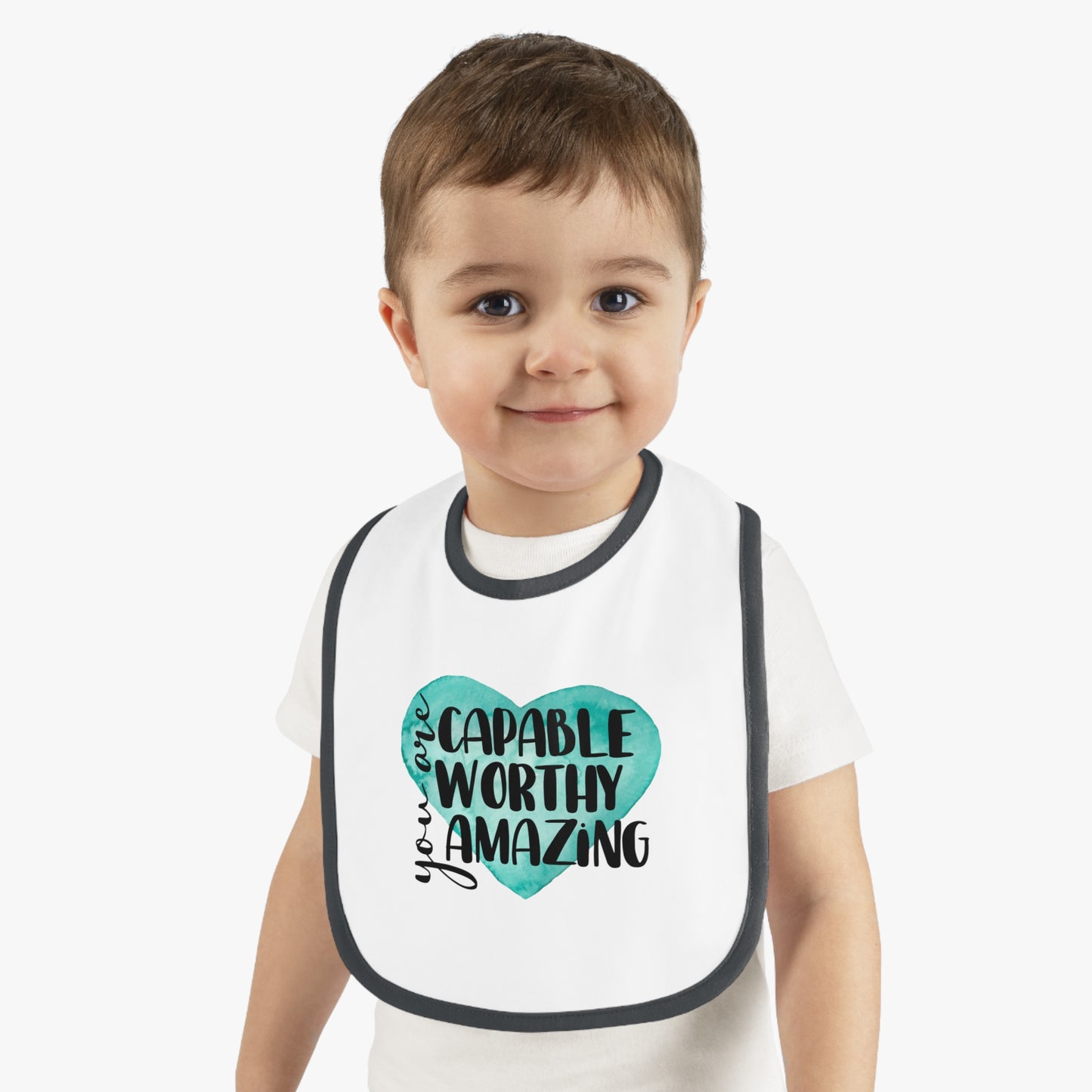 You are Capable, Worthy, Amazing - Watercolor Heart - Baby Contrast Trim Jersey Bib