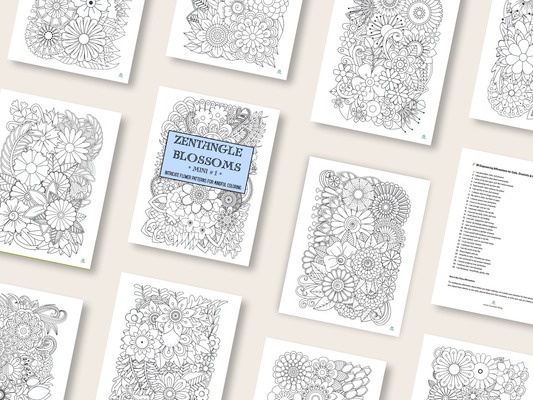 Zentangle Blossoms - Mini 1 - Intricate Flower Patterns for Mindful Coloring - Digital Download