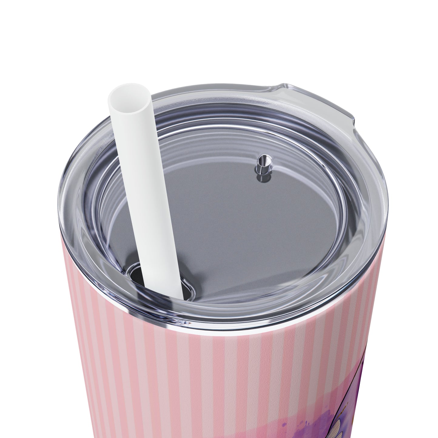 Purple Peace Gnome - Flowers and Butterflies - Pink Stripes - Skinny Tumbler with Straw, 20oz - Stainless Steel