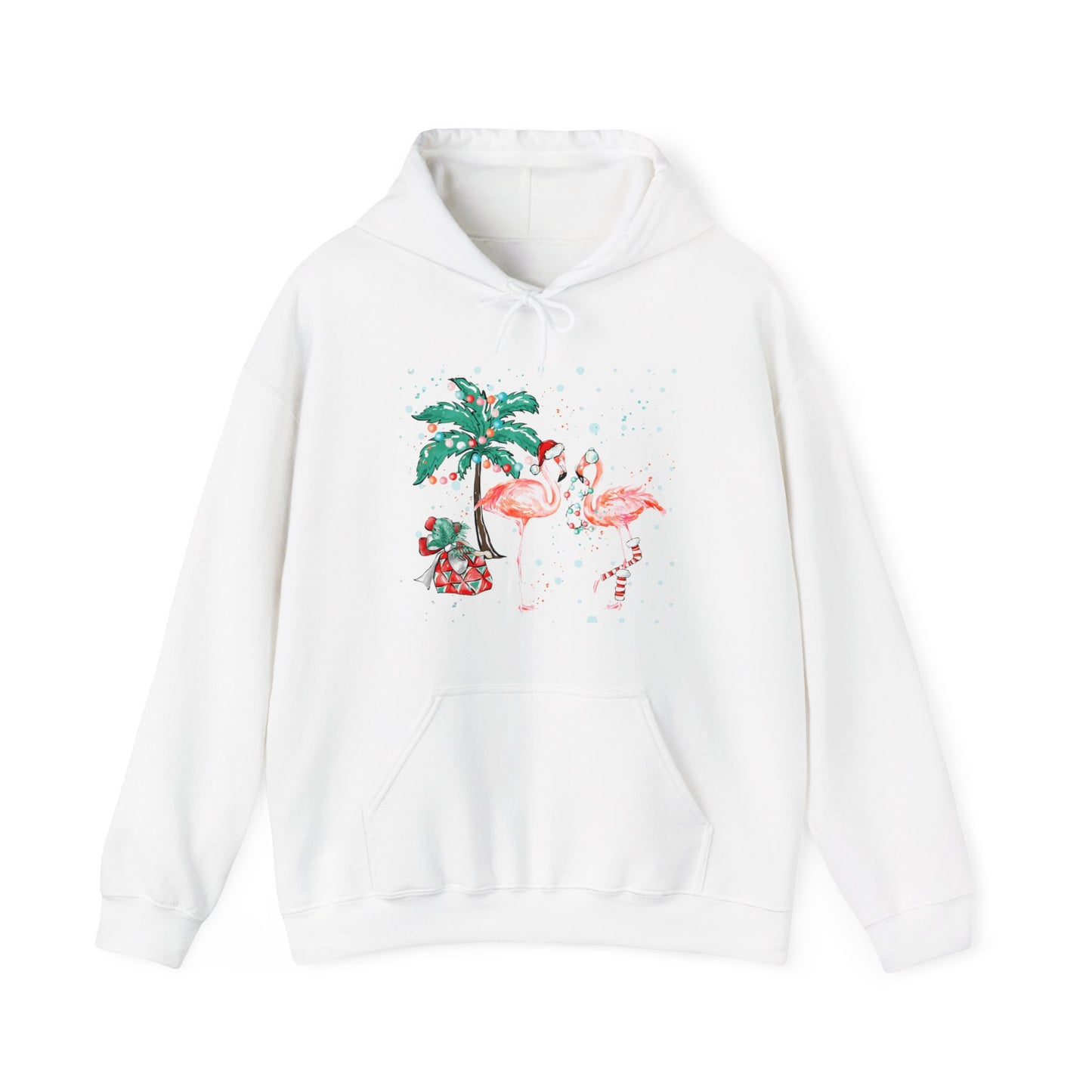 Flamingo Christmas - Palm Trees, Santa Hat, Presents - Funny Christmas - Unisex Heavy Blend™ Hooded Sweatshirt