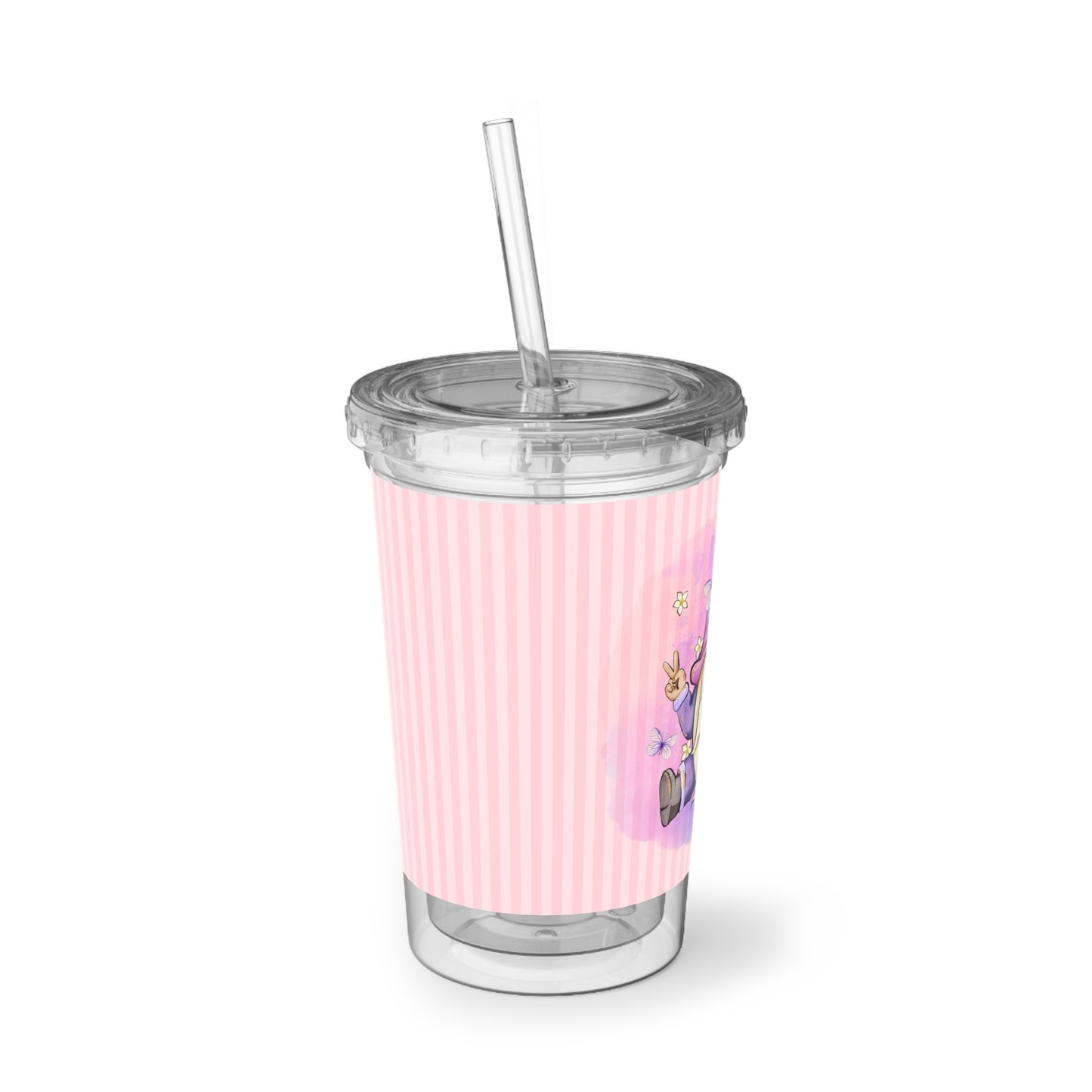 Purple Peace Gnome - Flowers and Butterflies - Pink Stripes - Clear - Suave Acrylic Cup - 16oz