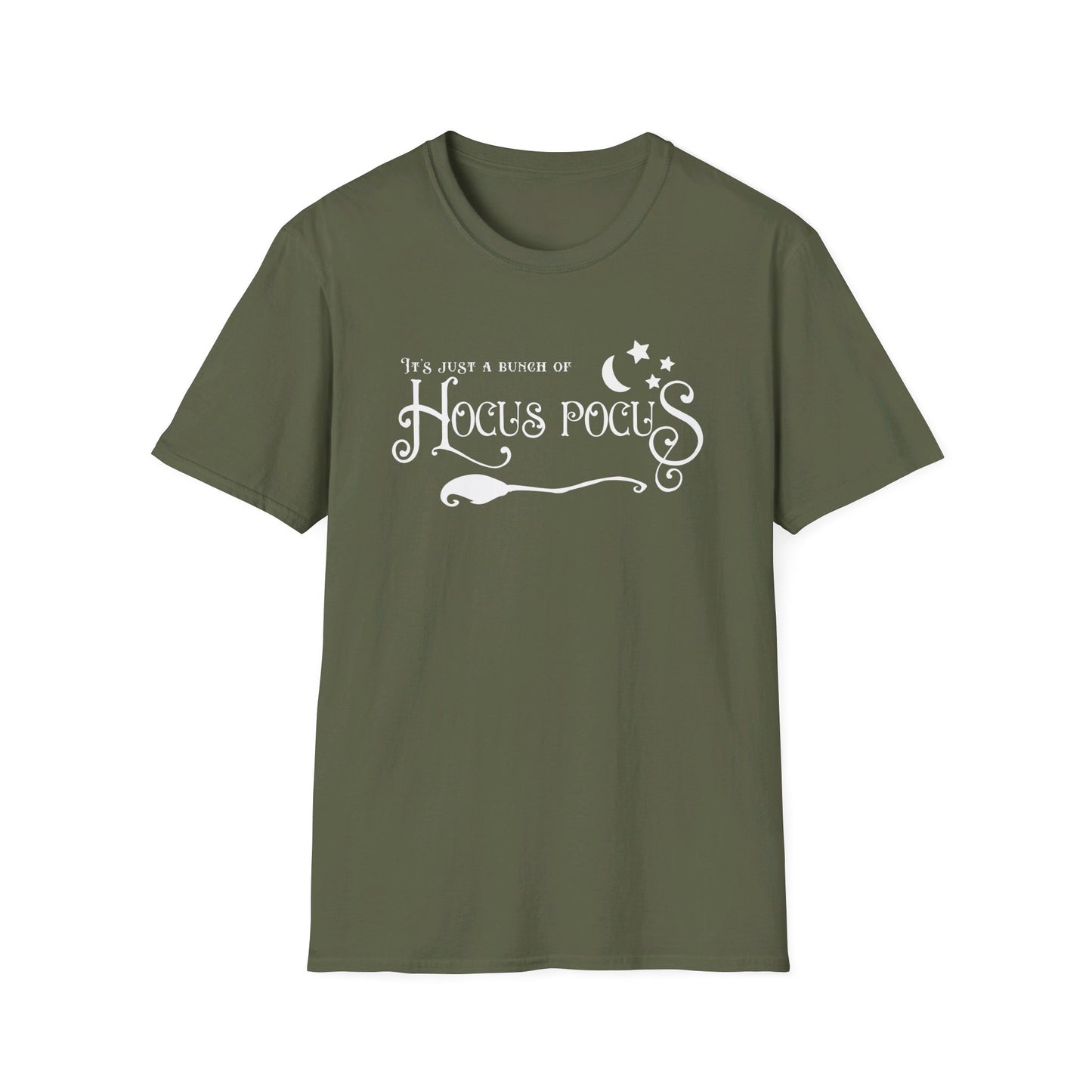 Halloween - It's Just a Bunch of Hocus Pocus - Witch - Broom - Stars - Moon - Unisex Softstyle T-Shirt