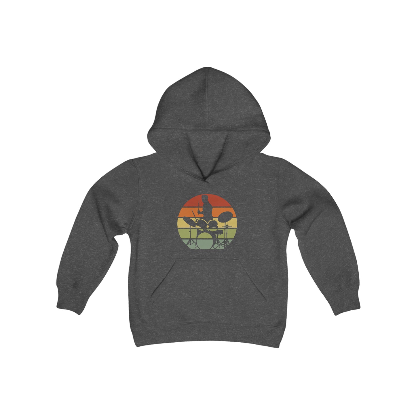 Drummer Silhouette - Retro Circle Stripes Faded - Youth Heavy Blend Hooded Sweatshirt
