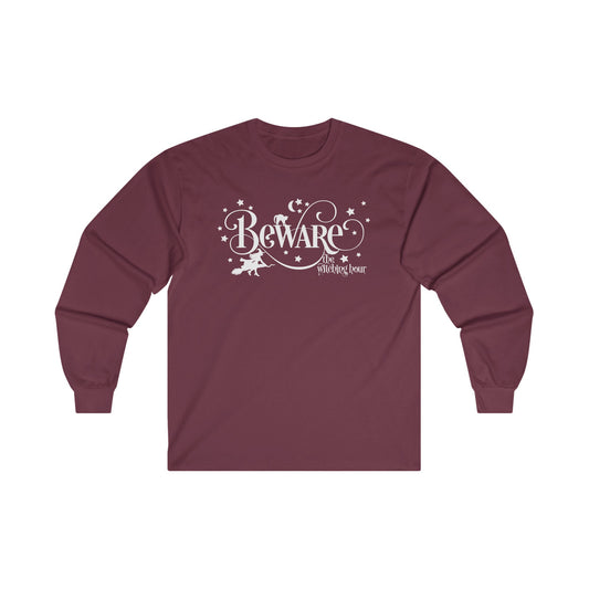 Halloween - Beware the Witching Hour - Witch - Broom - Stars - Moon - Ultra Cotton Long Sleeve Tee