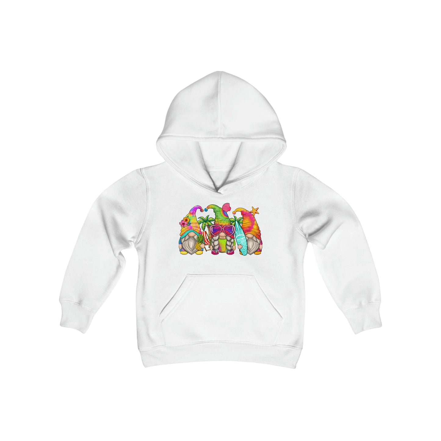 Cute Summer Gnomes - Surf Board - Sunglasses, Beach Days - Youth Heavy Blend Hooded Sweatshirt