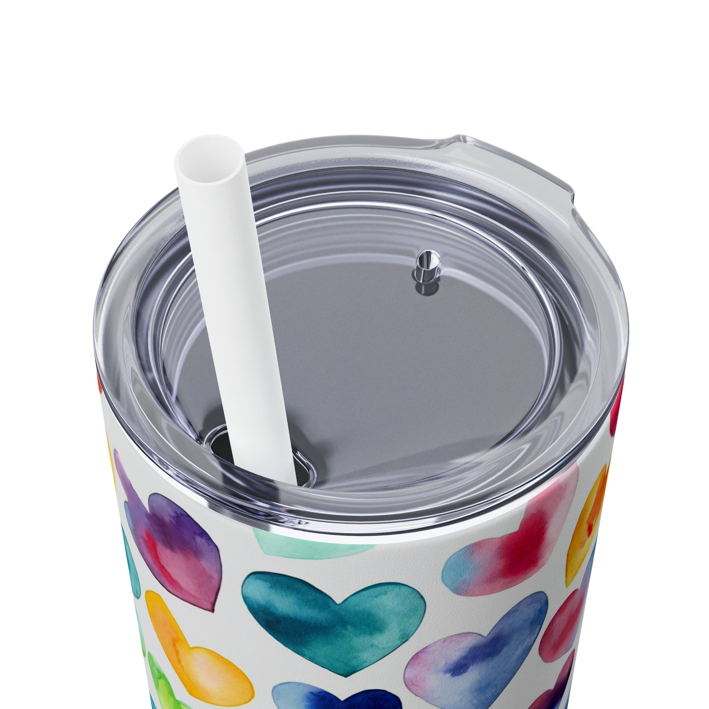 Watercolor Hearts - Rainbow - Multi - Skinny Tumbler with Straw, 20oz - Stainless Steel