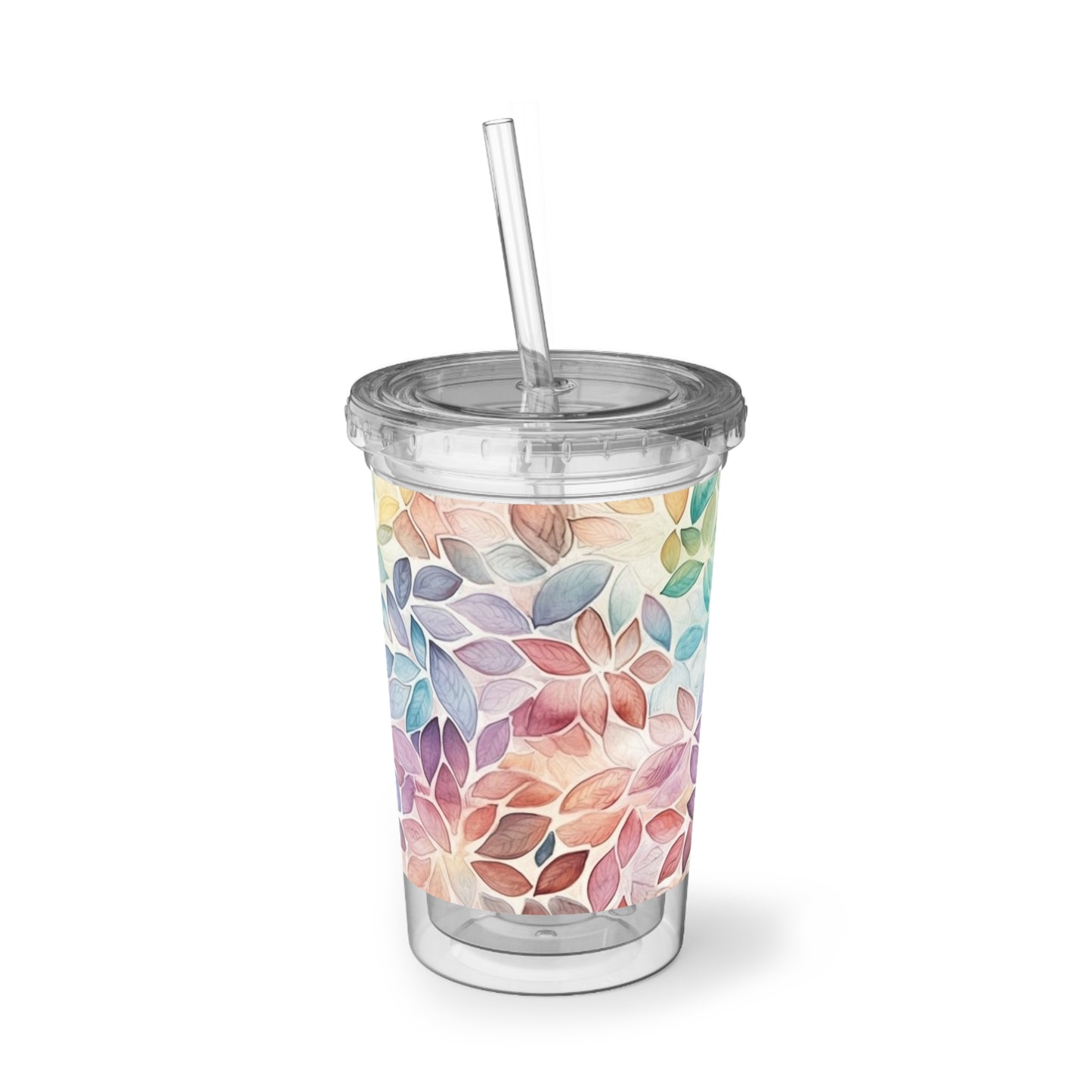 Multicolor Rainbow Watercolor Leaves - Clear - Suave Acrylic Cup - 16oz