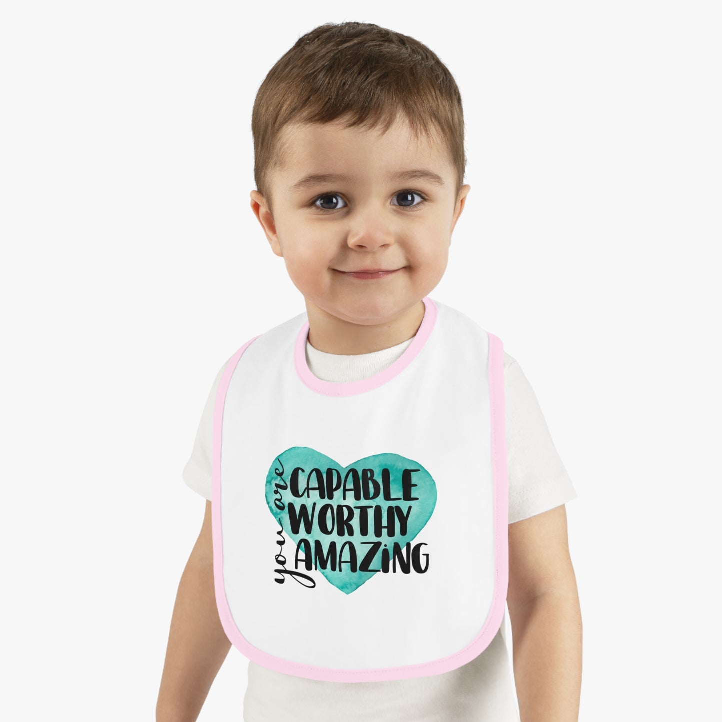 You are Capable, Worthy, Amazing - Watercolor Heart - Baby Contrast Trim Jersey Bib