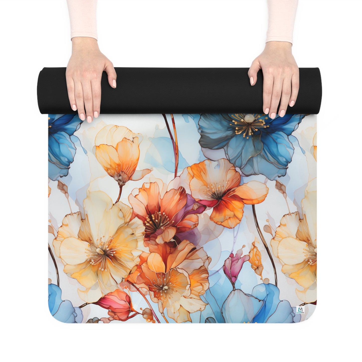 Beautiful Blue and Orange Flowers Watercolor 16 - Rubber Yoga Mat