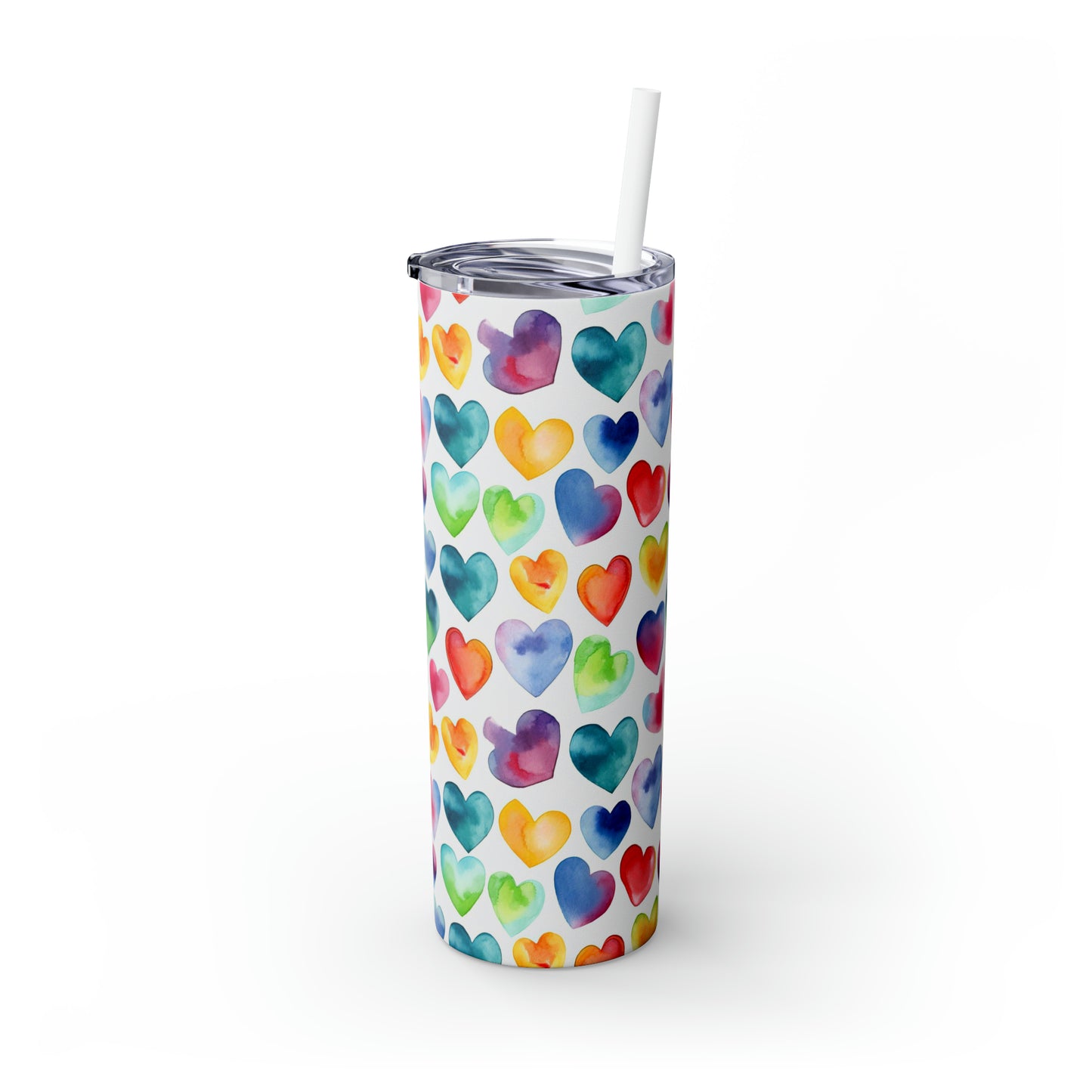 Watercolor Hearts - Rainbow - Multi - Skinny Tumbler with Straw, 20oz - Stainless Steel