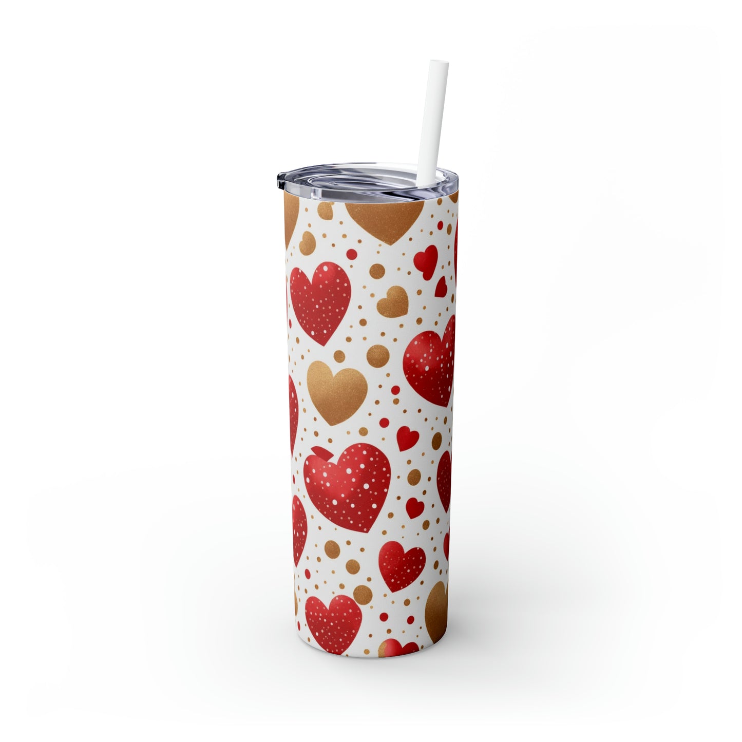 Love Hearts - Red and Gold Floating Hearts - Skinny Tumbler with Straw, 20oz - Stainless Steel
