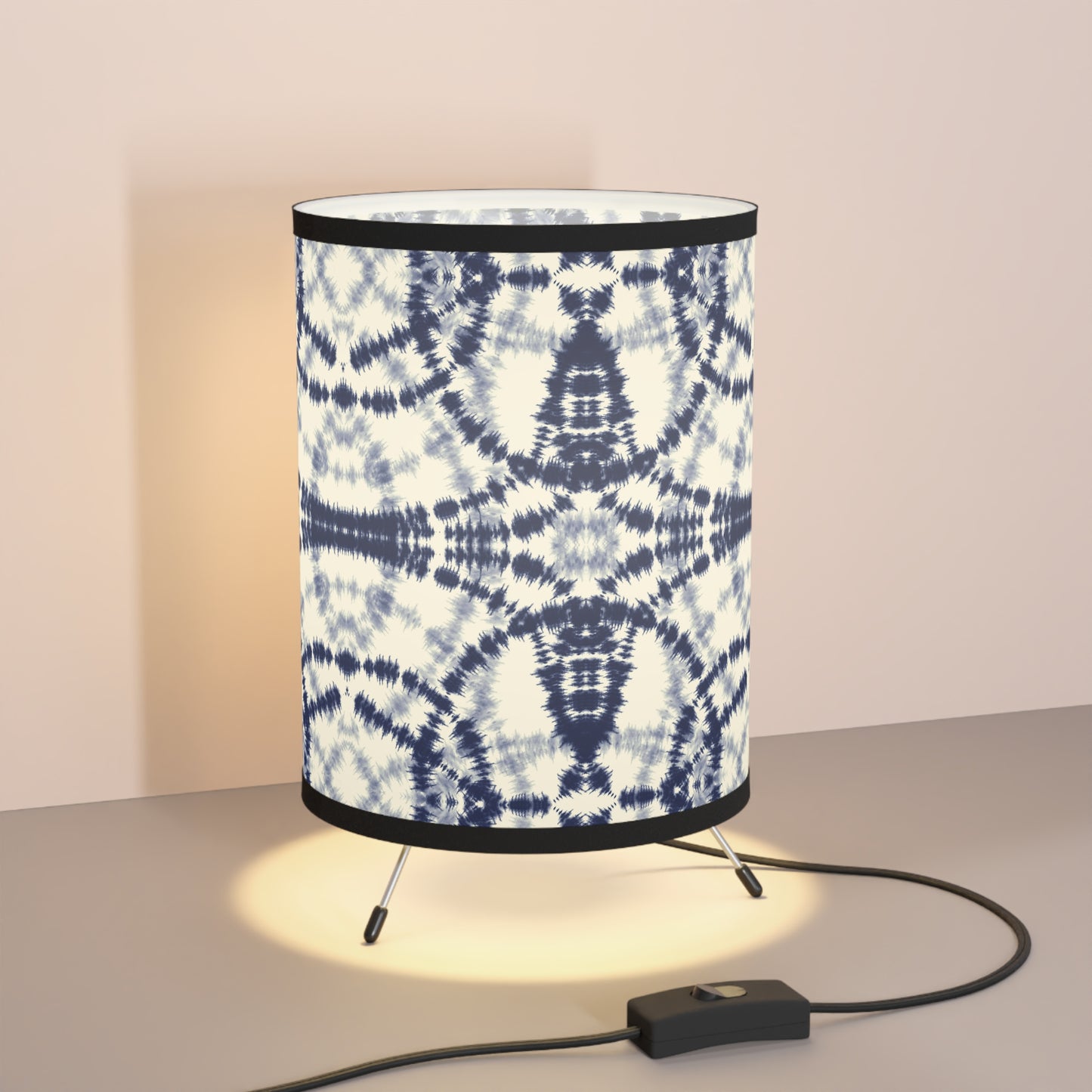 White and Navy Batik - Tripod Lamp with High-Res Printed Shade, US\CA plug