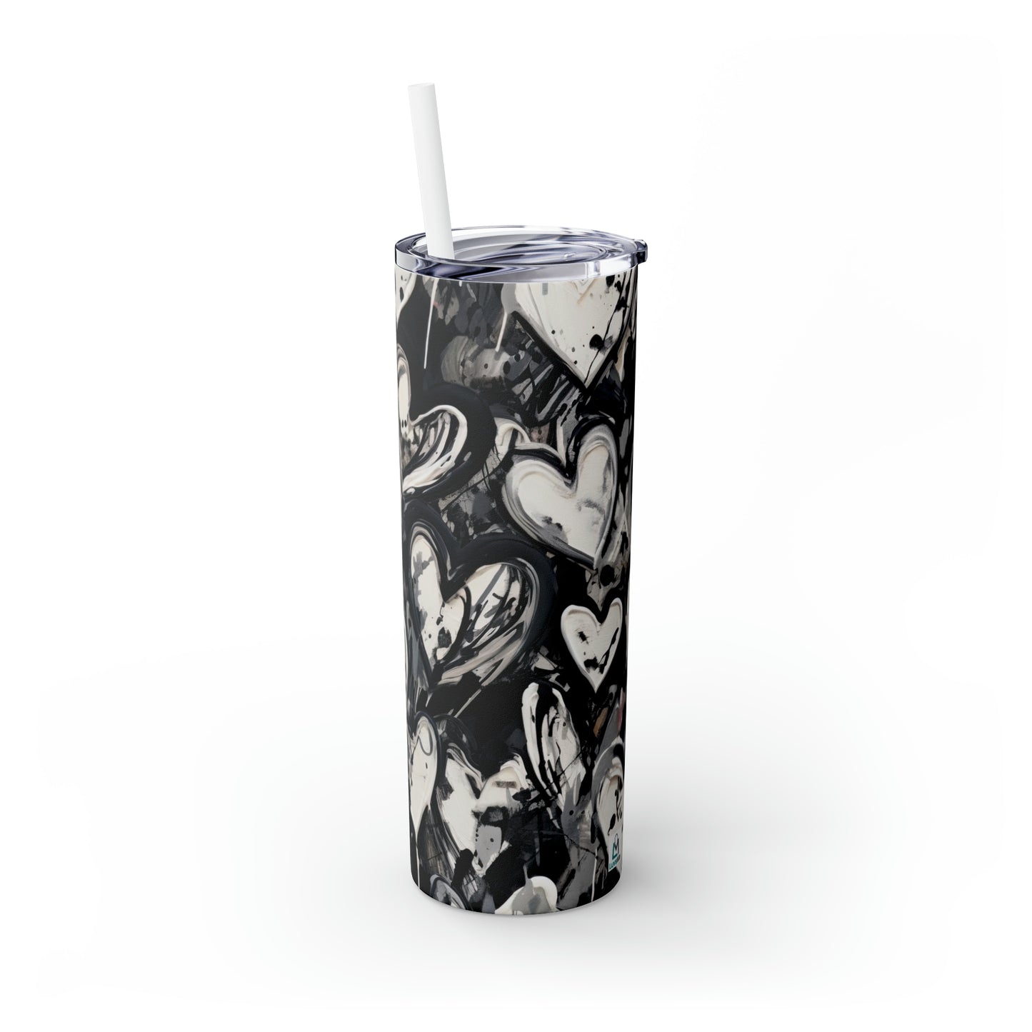 Black and White Painted Hearts - Skinny Tumbler with Straw, 20oz - Stainless Steel