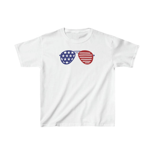 Sunglasses - American Flag - Red, White, and Blue - 4th of July - Independence Day - Kids Heavy Cotton Tee