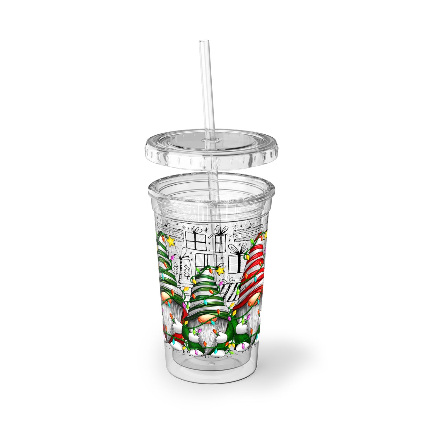 Merry Christmas Gnomes with Lights - Hand Drawn Presents - Clear - Suave Acrylic Cup - 16oz