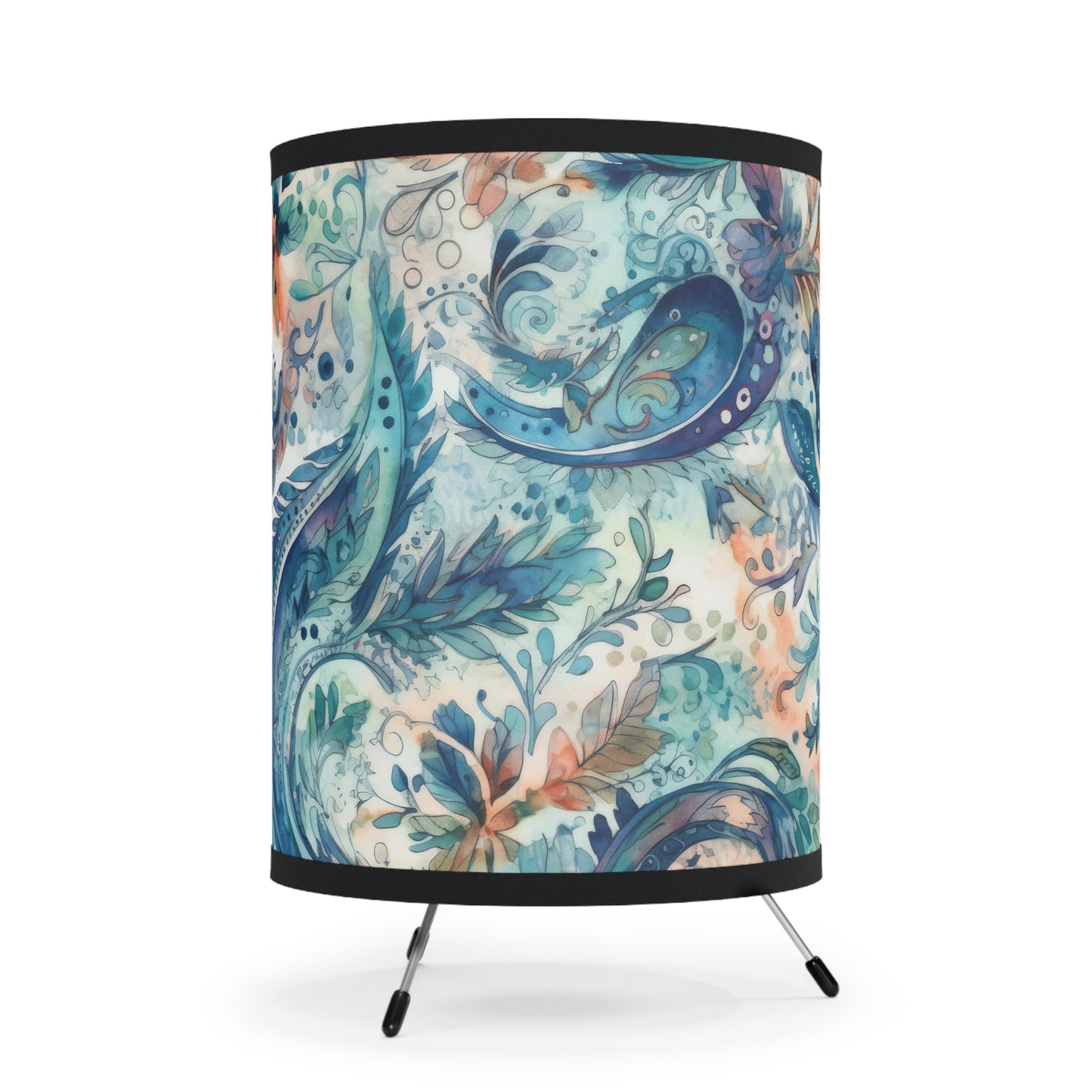 Beautiful and Unique - Watercolor Blue and Yelow Paisleys 1 - Tripod Lamp with High-Res Printed Shade, US\CA plug