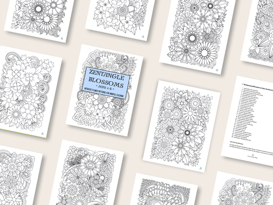 Zentangle Blossoms - Mini 4 - Intricate Flower Patterns for Mindful Coloring - Digital Download