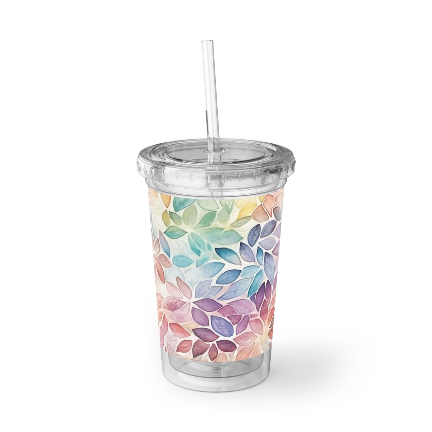 Multicolor Rainbow Watercolor Leaves - Clear - Suave Acrylic Cup - 16oz