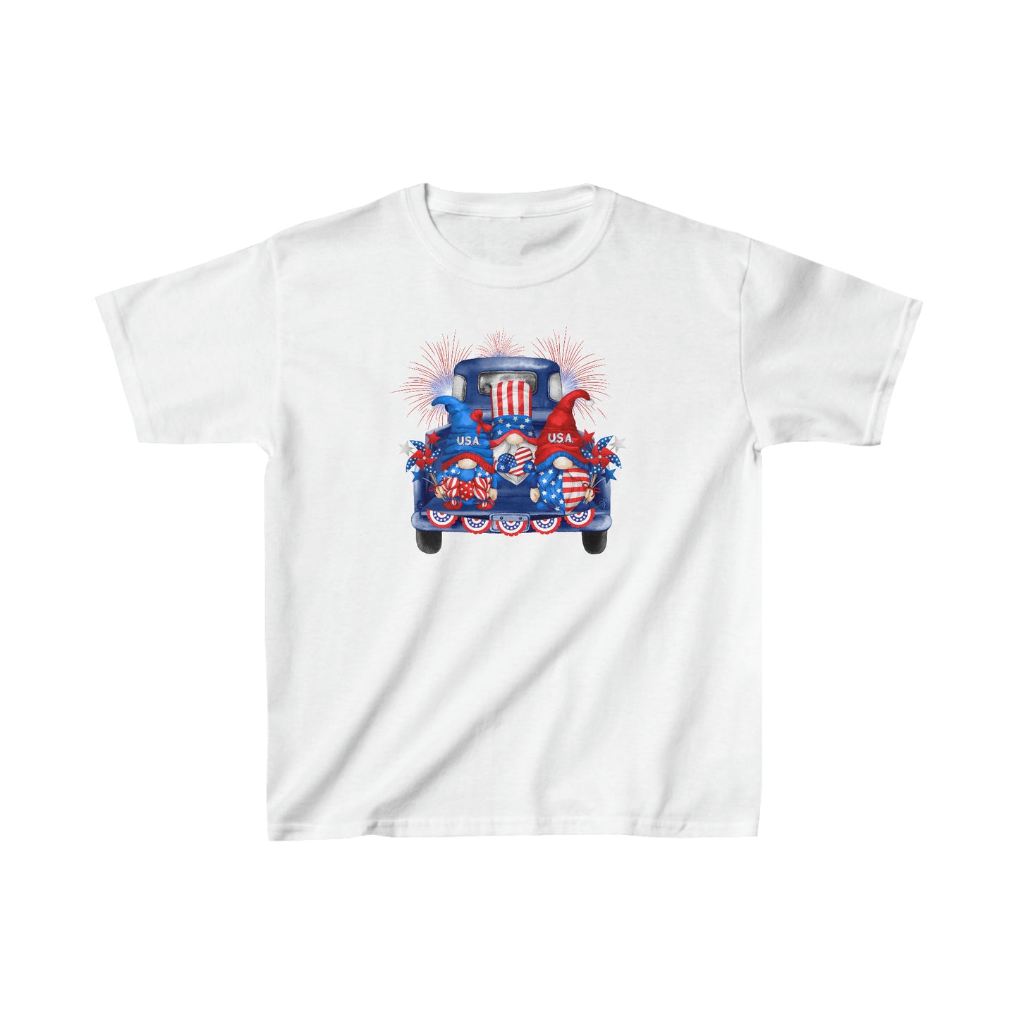 Gnomes in Pickup Truck - American Flag - 4th of July - Independence Day - Kids Heavy Cotton Tee
