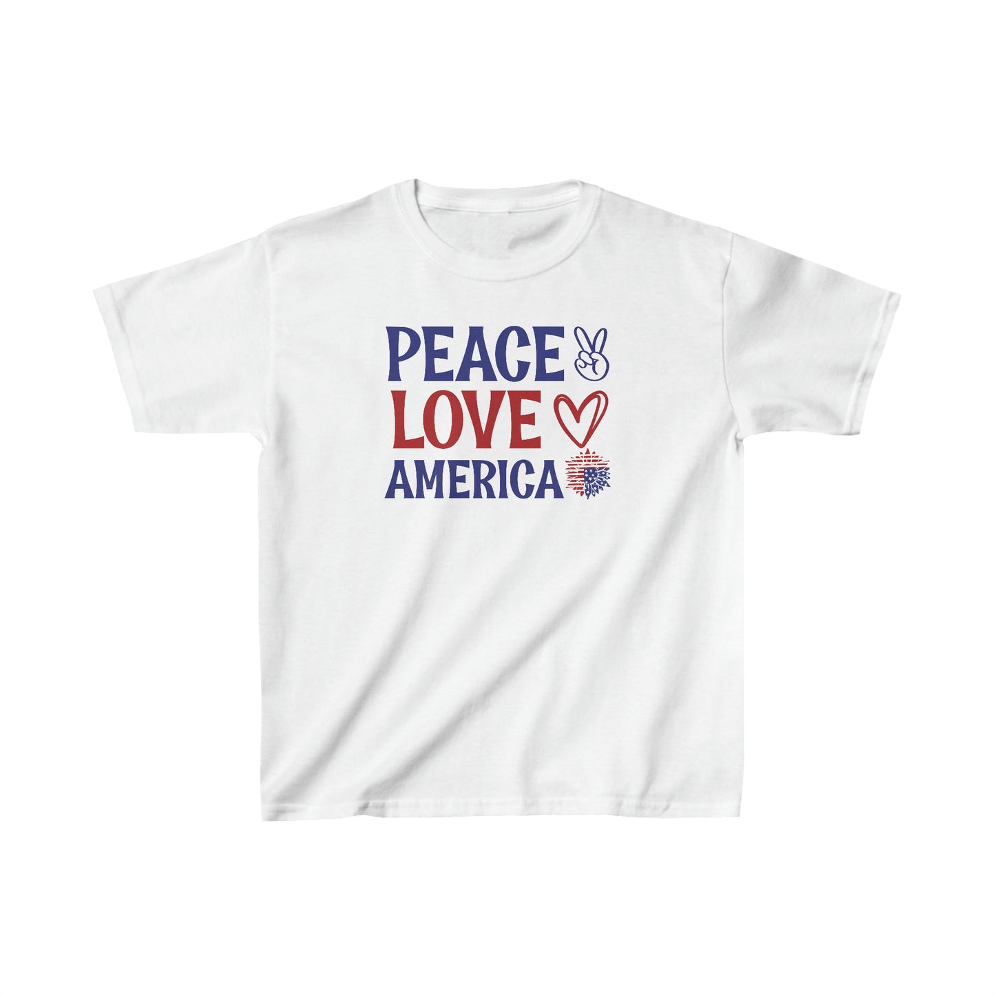 Peace - Love - America - American Flag - Peace Sign - Heart - Sunflower - 4th of July - Independence Day - Kids Heavy Cotton Tee