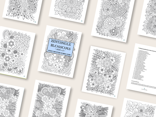 Zentangle Blossoms - Mini 5 - Intricate Flower Patterns for Mindful Coloring - Digital Download