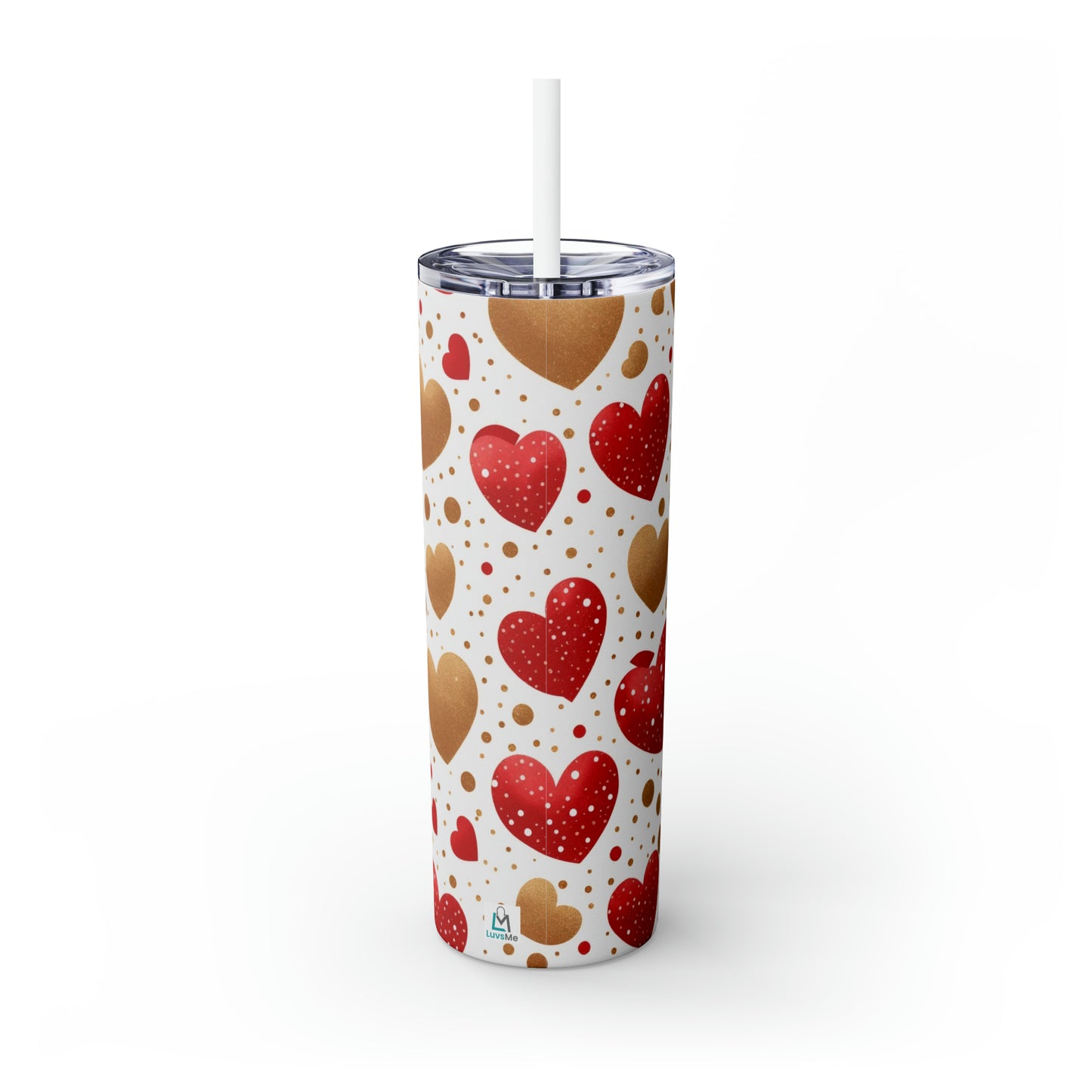 Love Hearts - Red and Gold Floating Hearts - Skinny Tumbler with Straw, 20oz - Stainless Steel