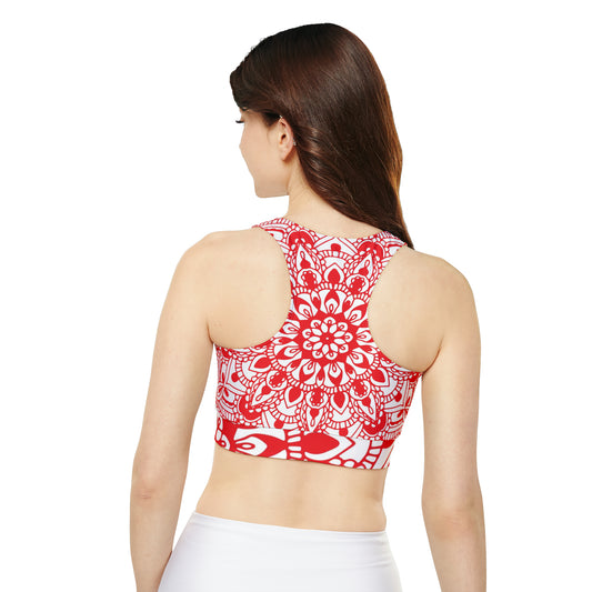 Fully Lined, Padded Sports Bra - White with Red Mandala