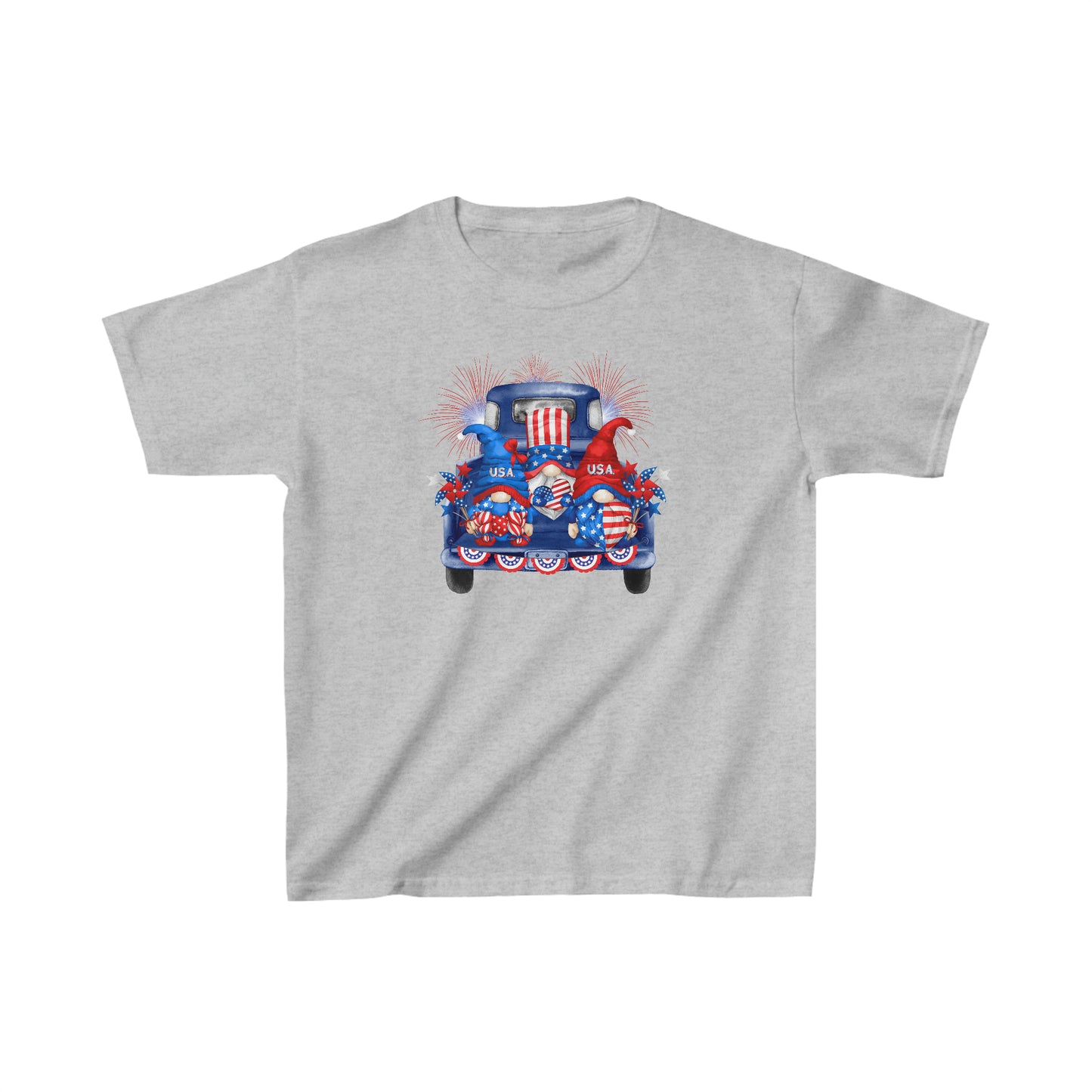 Gnomes in Pickup Truck - American Flag - 4th of July - Independence Day - Kids Heavy Cotton Tee