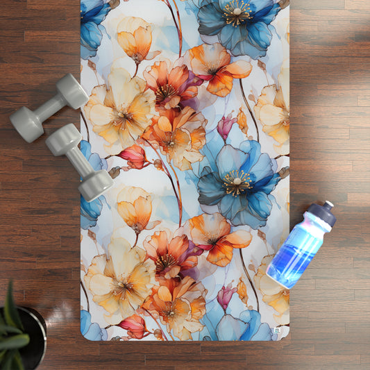 Beautiful Blue and Orange Flowers Watercolor 16 - Rubber Yoga Mat