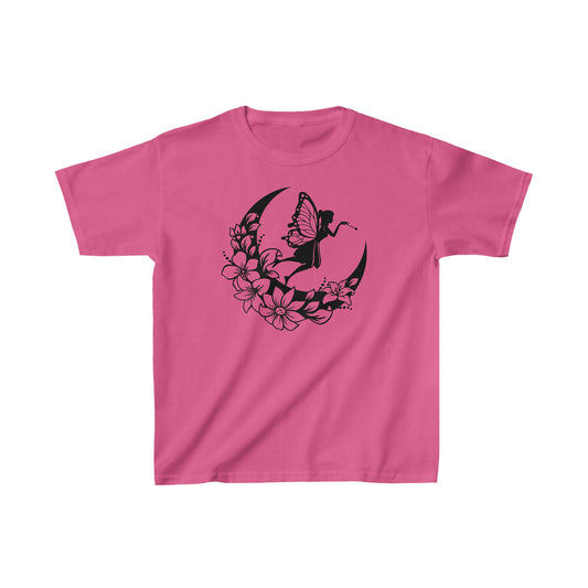 Fairy Standing on Moon with Flowers - Kids Heavy Cotton Tee
