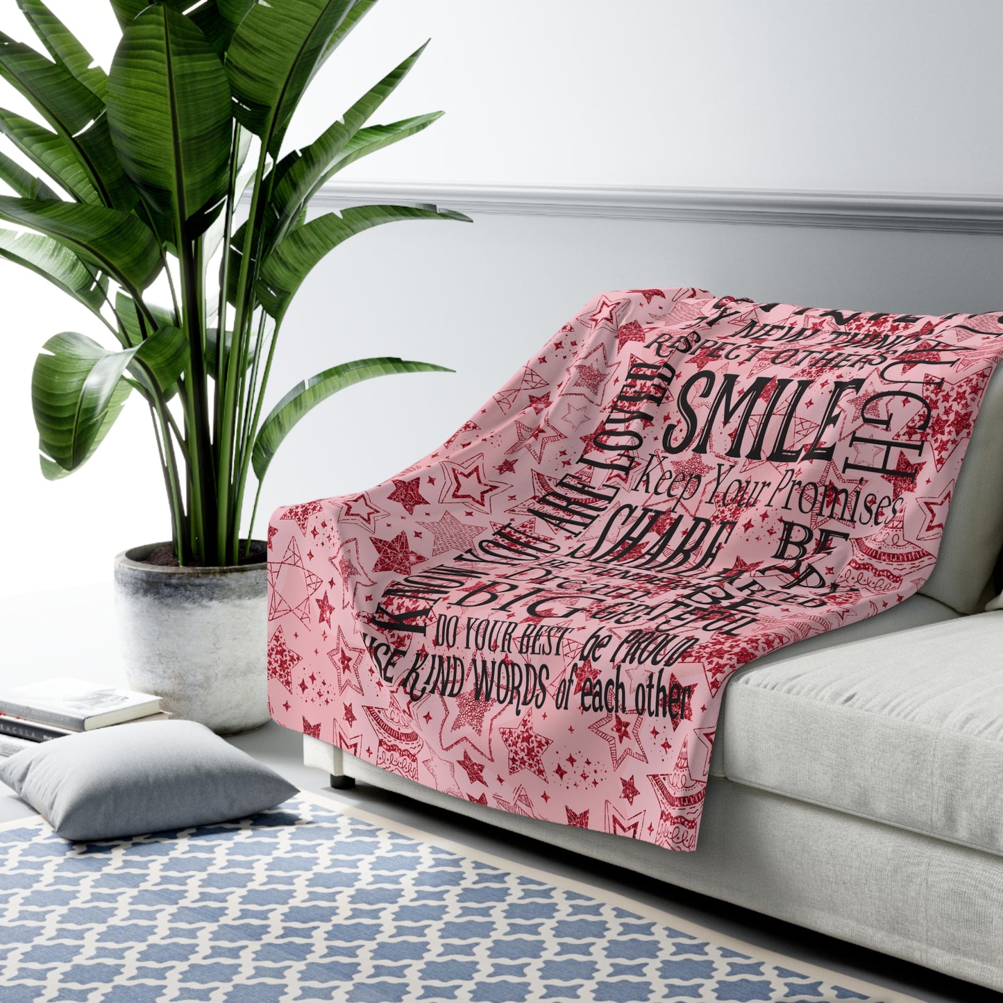 Beautiful, Cozy, Soft - Amazing Family Rules - Vintage Sign - Red Stars - Sherpa Fleece Blanket
