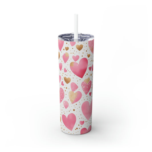 Love Hearts - Pink and Gold Floating Hearts - Skinny Tumbler with Straw, 20oz - Stainless Steel
