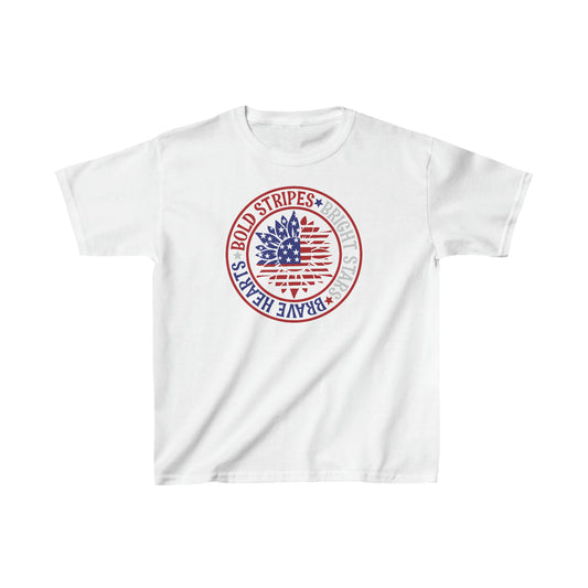 Bold Stripes, Bright Stars, Brave Hearts - American Flag - Sunflower - 4th of July - Independence Day - Kids Heavy Cotton Tee
