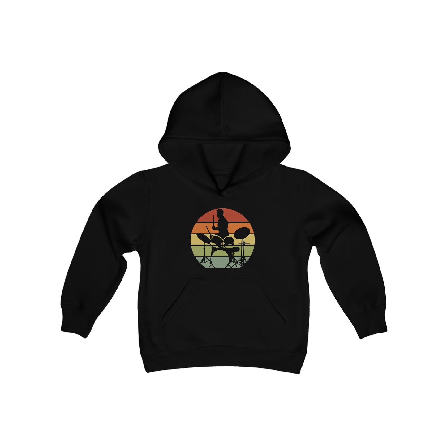 Drummer Silhouette - Retro Circle Stripes Faded - Youth Heavy Blend Hooded Sweatshirt