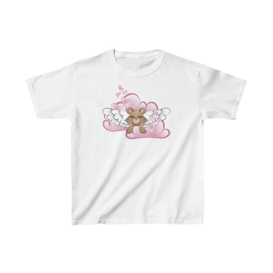 Valentine's Bear in Clouds with Hearts - Kids Heavy Cotton Tee