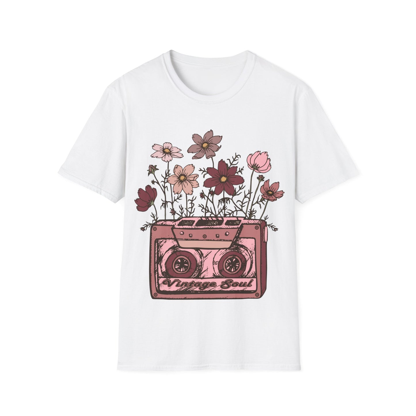 Vintage Cassette Tape with Flowers - Pink - Unisex Softstyle T-Shirt