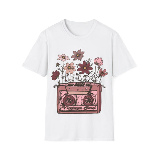 Vintage Cassette Tape with Flowers - Pink - Unisex Softstyle T-Shirt