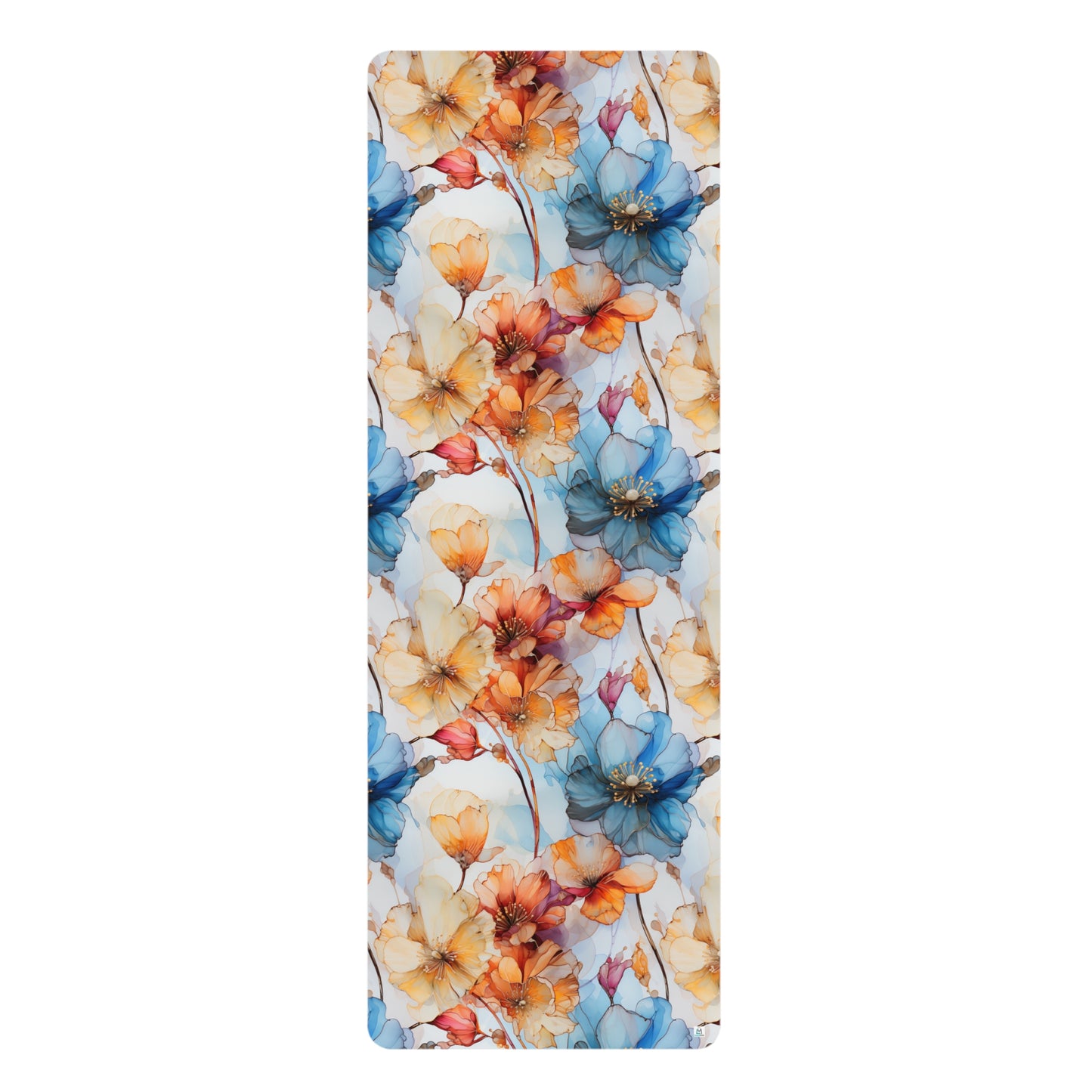 Beautiful Blue and Orange Flowers Watercolor 16 - Rubber Yoga Mat
