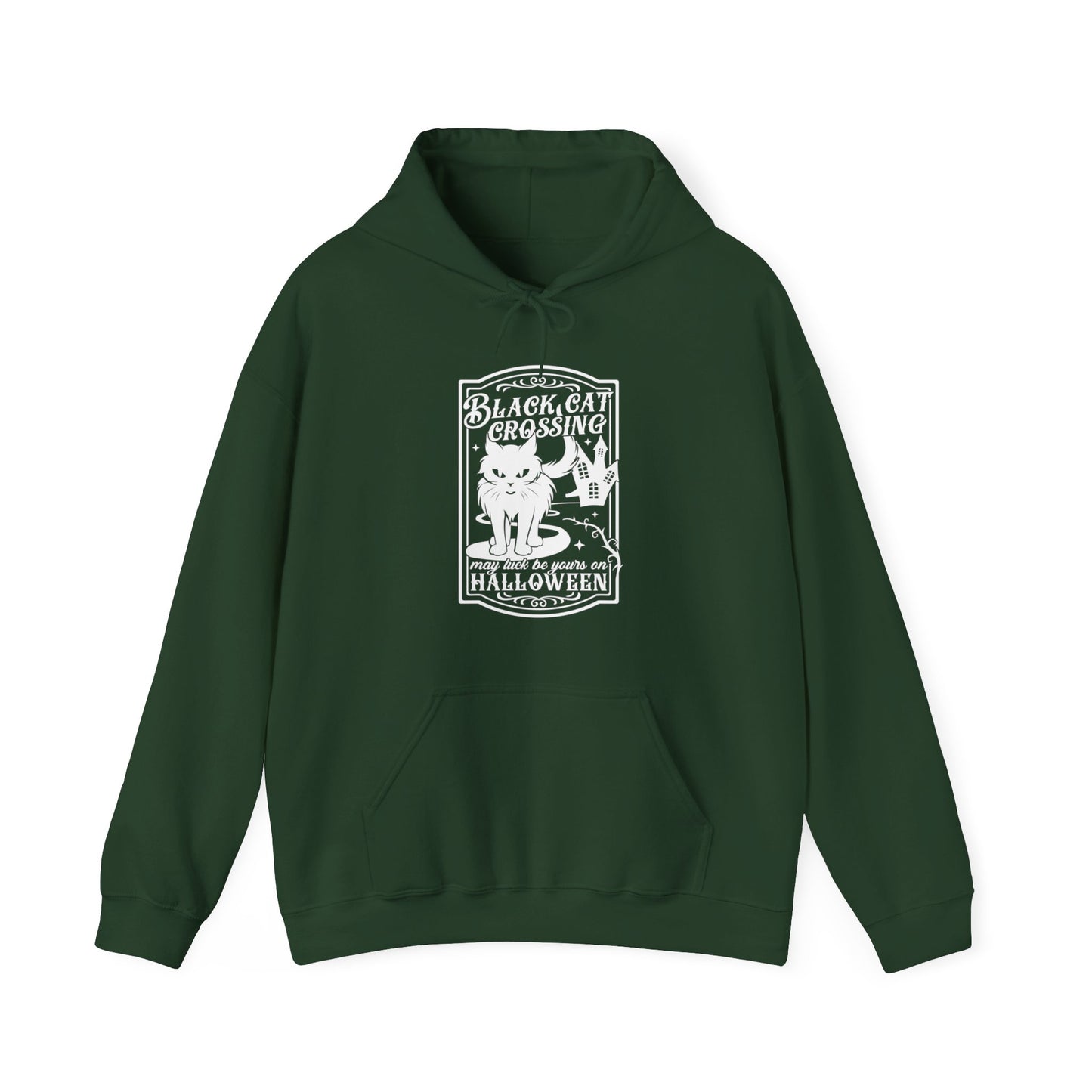 Halloween - Black Cat Crossing - Vintage - Haunted House - Unisex Heavy Blend Hooded Sweatshirt