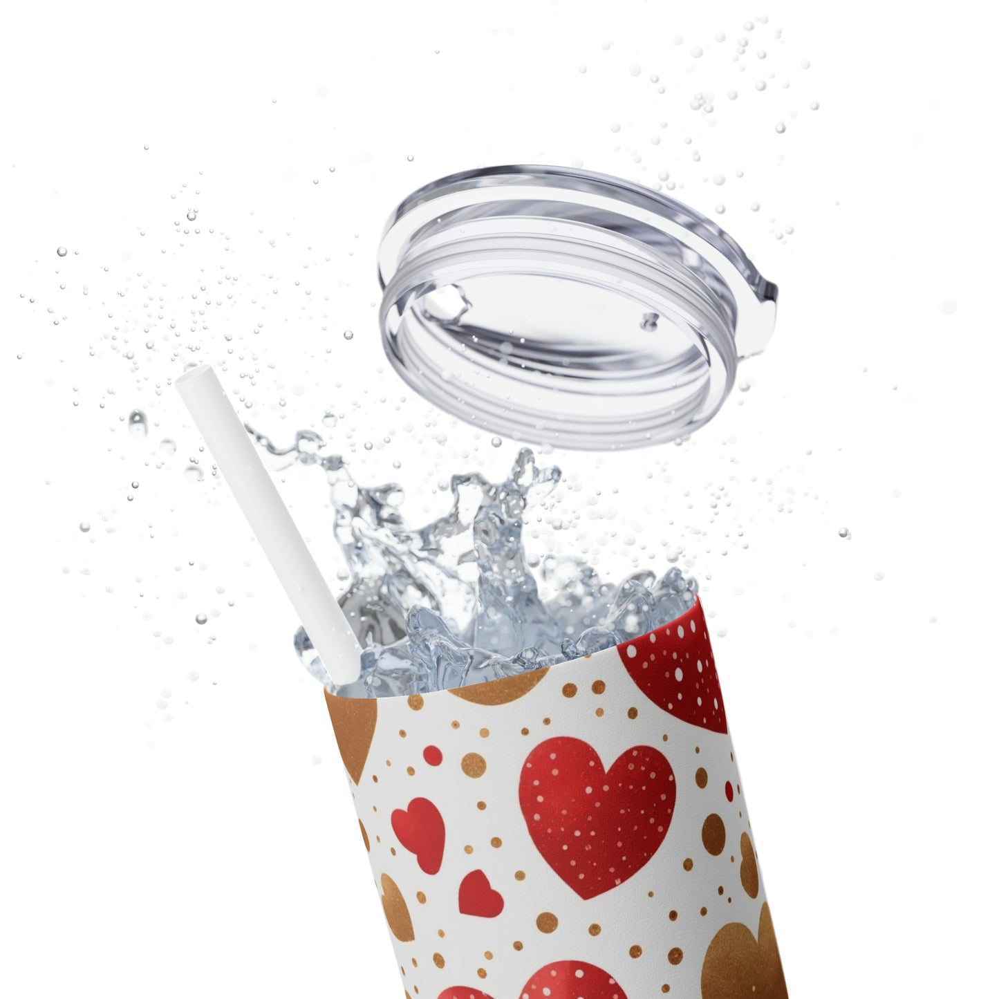 Love Hearts - Red and Gold Floating Hearts - Skinny Tumbler with Straw, 20oz - Stainless Steel