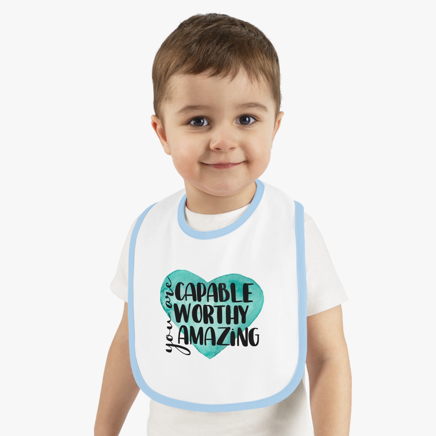 You are Capable, Worthy, Amazing - Watercolor Heart - Baby Contrast Trim Jersey Bib