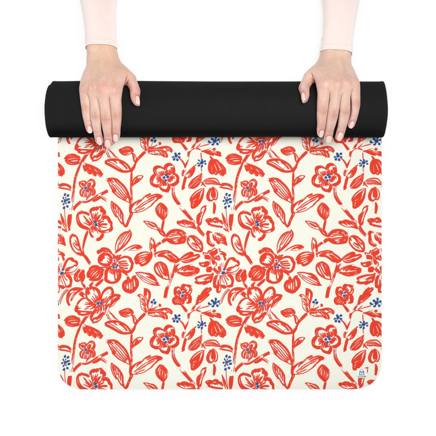 Hand Drawn Flowers - Red - Rubber Yoga Mat